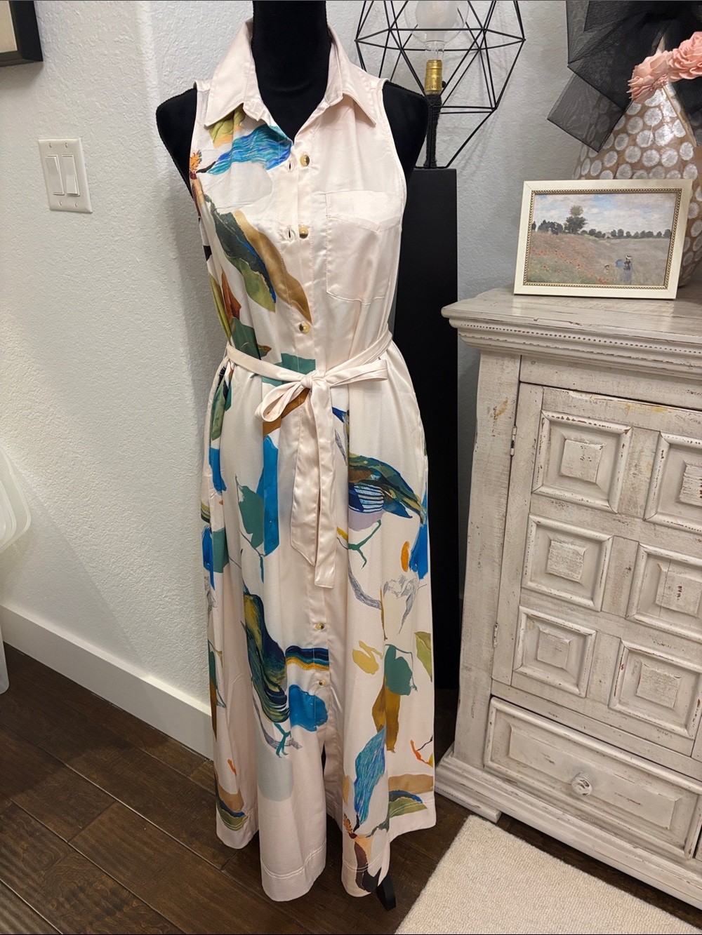 Maeve Sleeveless Shirt Dress Cream, Blue & Green print by artist Raven Roxanna